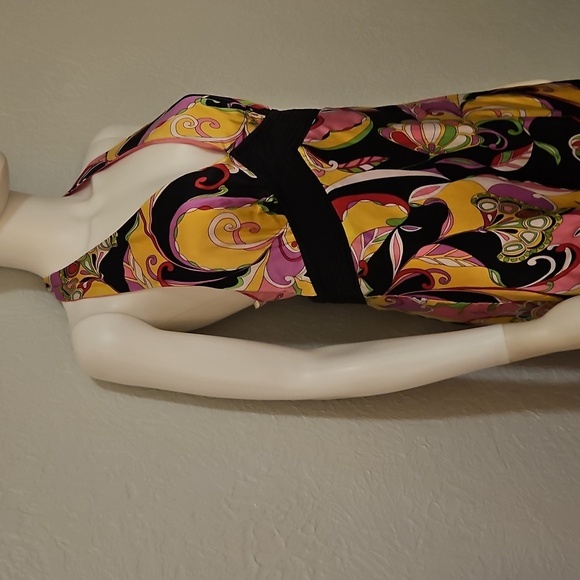 Vtg ROBBIE BEE Vibrant Multicolor Floral Mod Satin Halter Silk Dress - Picture 6 of 12